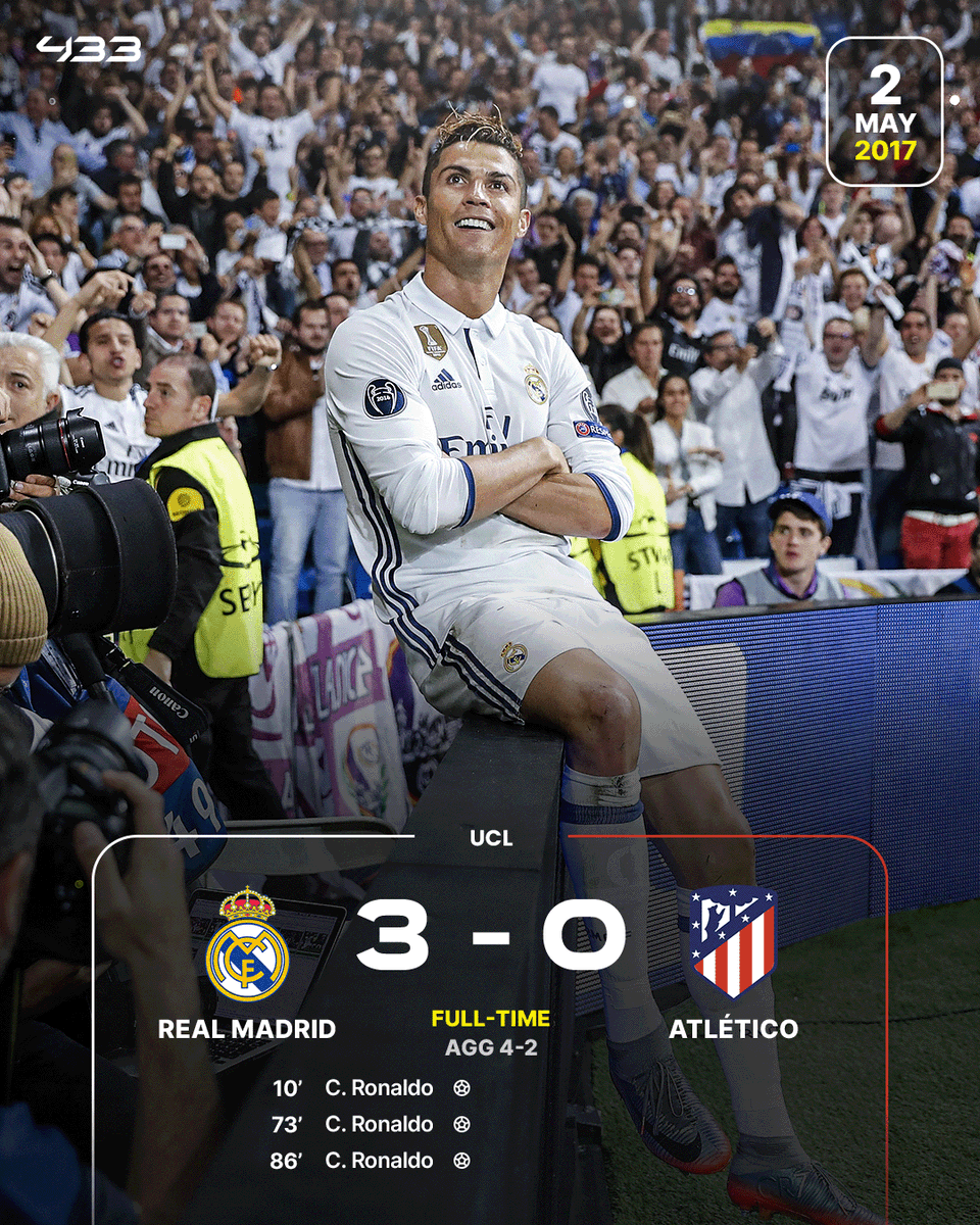 433's tweet photo. 7⃣ years ago today, Cristiano Ronaldo dropped a hat-trick in the Champions League semi-final and gave us 𝐓𝐇𝐈𝐒 iconic celebration 🔥 https://t.co/TMOsT6pWw8