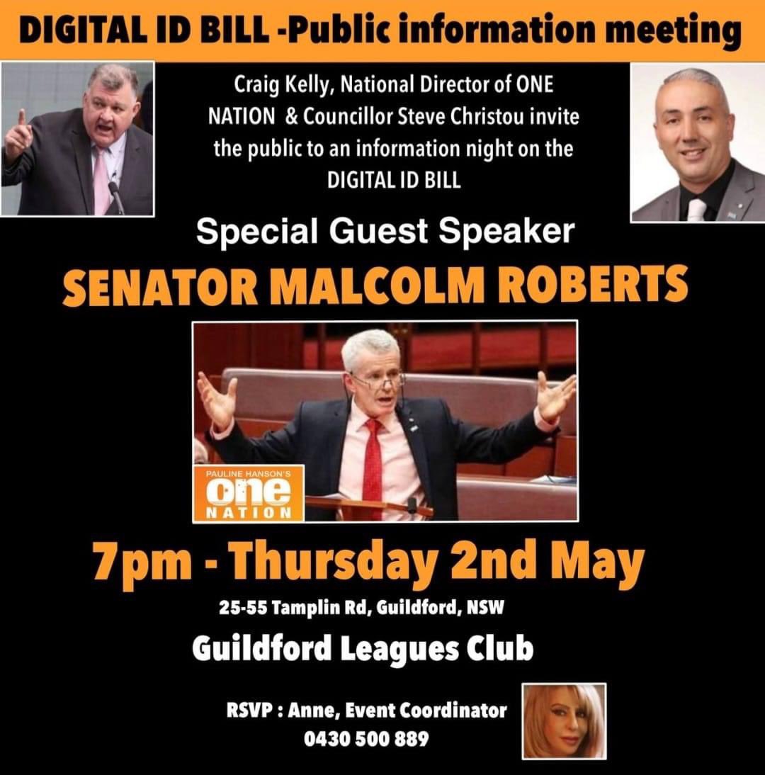 Community Meeting on tonight. Join us at 7pm at Guildford Leagues Club. Guest Speakers Senator Malcolm Roberts, Craig Kelly, & myself covering all Political Issues Federally & Local Government.