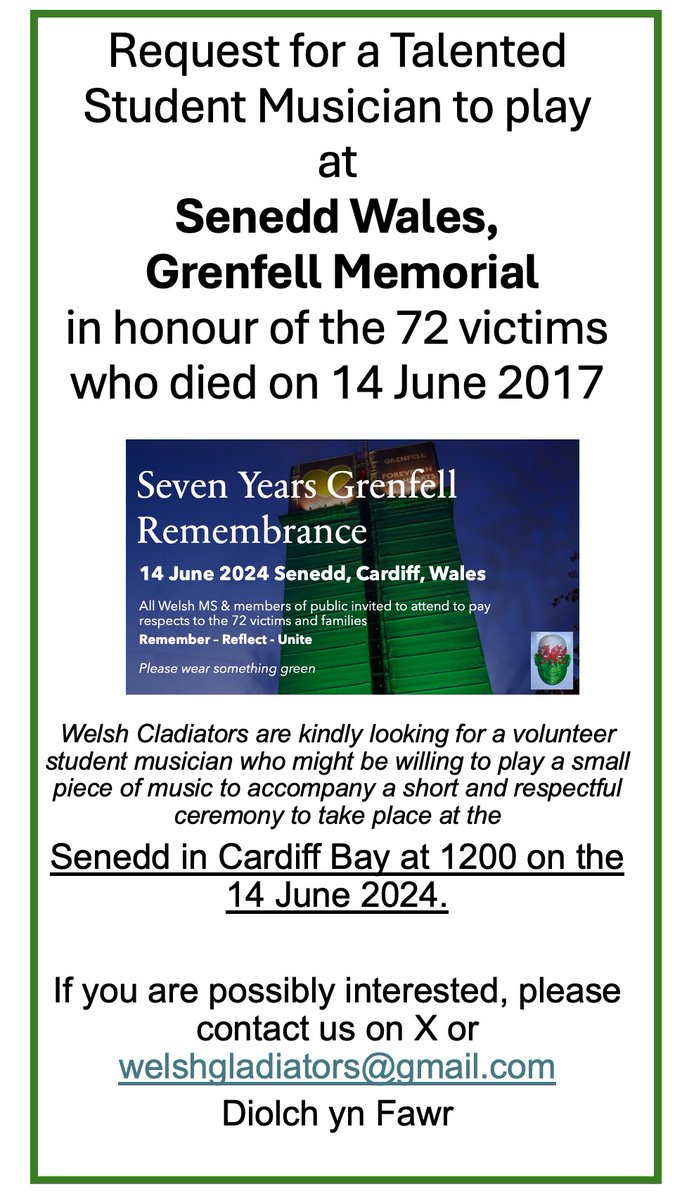 @WelshCladiators appeal to any talented student musician @RWCMD willing to perform and pay respects to the 72 victims of #Grenfell at our 14 June 2023 Remembrance. Diolch yn fawr @TPASCymru @ShelterCymru @GrenfellUnited @cardiffuni @CardiffCivicSoc