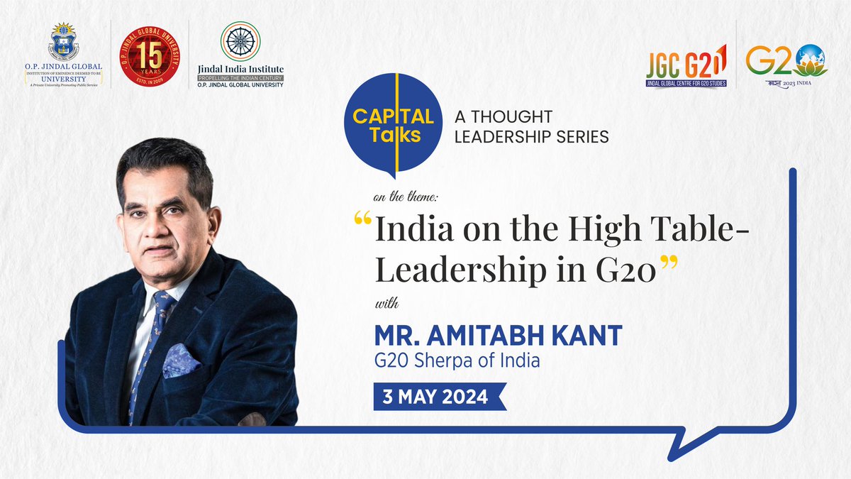 Get ready for an engaging session of #CapitalTalks featuring @amitabhk87, India's G20 Sherpa and former NITI Aayog CEO on 'India on the High Table - Leadership in G20'

#CapitalTalks #ThoughtLeader #ThoughtLeadership #Leadership #G20Sherpa #NitiAayog