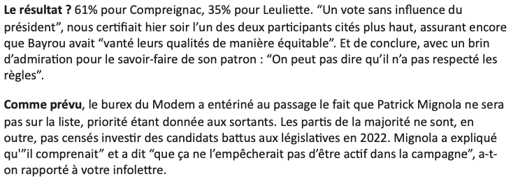 Suites et fin des bisbilles au MoDem : François Bayrou a soldé le débat hier soir par un vote, dont les résultats sont à retrouver dans votre infolettre préférée (à l'abonnement gratuit juste ici politico.eu/newsletter/pla…)