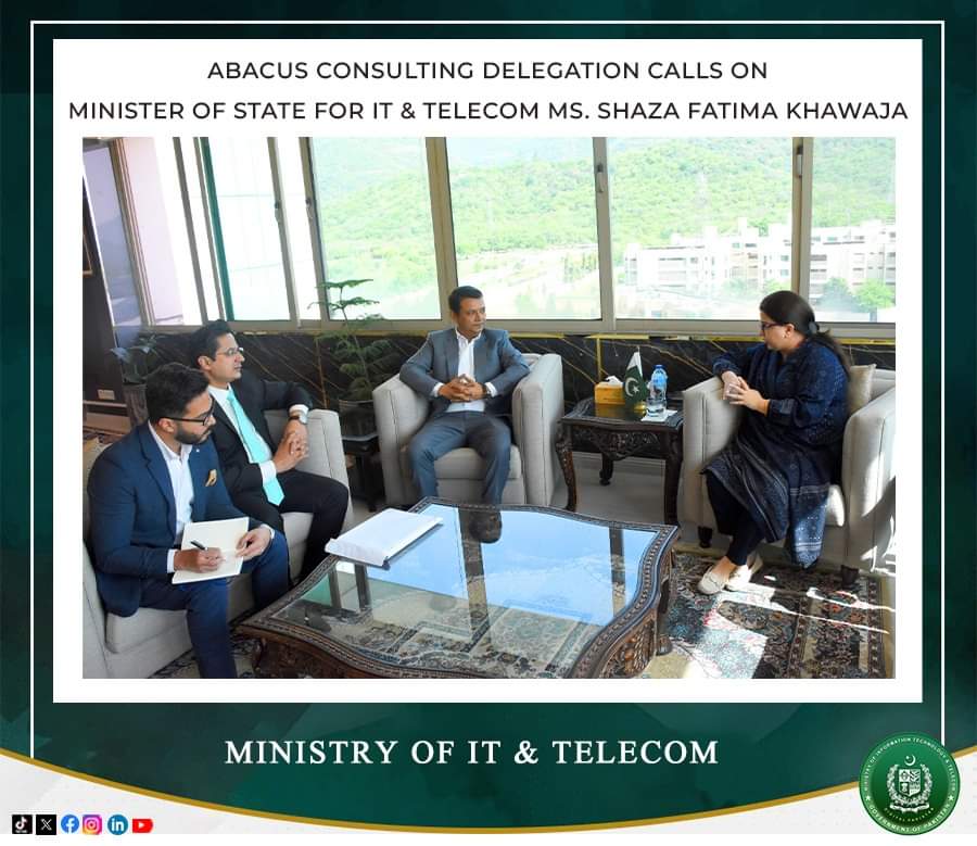 Delegation of Abacus Consulting, led by its Sr. Executive Director Mr. Naveed Hussain, called on Minister of State for IT and Telecommunication Ms. Shaza Fatima Khawaja in her office on Thursday.

@ShazaFK #MOITT