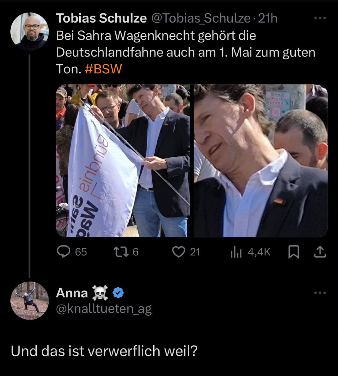 Da Herrn @Tobias_Schulze s Antwort leider nur einen Block beinhaltete, meine Frage an die Allgemeinheit:

Was ist verwerflich daran, als Deutscher in Deutschland bei einer deutschen Veranstaltung einen Pin mit Deutschlandfahne zu tragen?