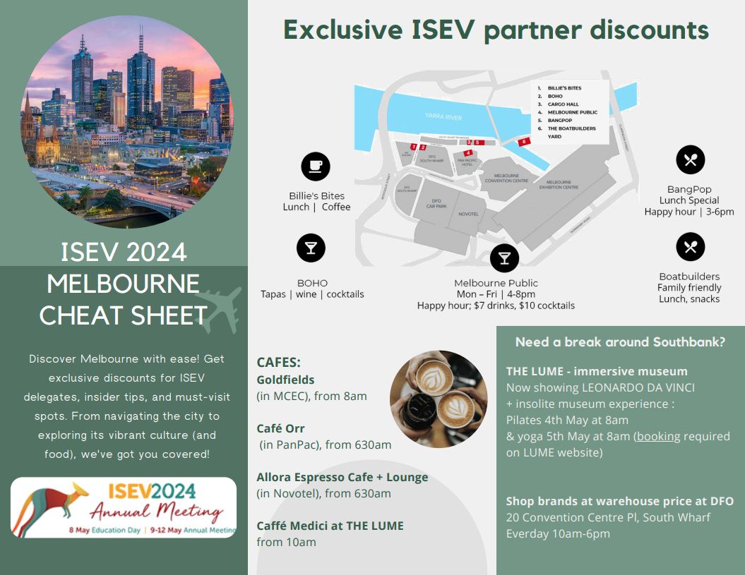 😎 Discover Melbourne with ease! 🦘 Check out this brochure provided by the #ISEV2024 IOC, plus exclusive ISEV discounts 🤑! 🏙️ From navigating the city and exploring Melbourne's vibrant culture, we've got you covered. @lenassimetka @cblenkie @kennethwwitwer @natalieturnerau