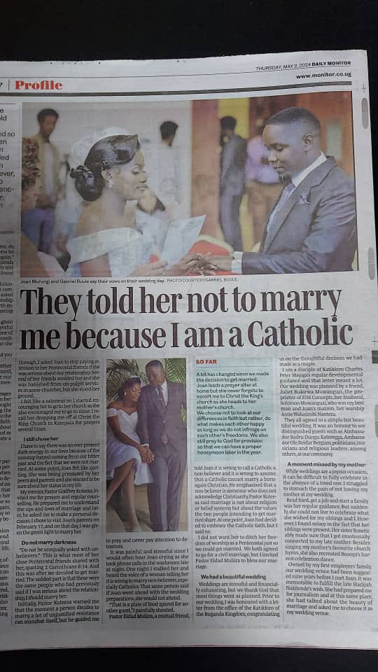 So religion still big factor when choosing marriage partner, it's actually advisable to get married to person you share the same religion with, Check this story in today's daily Monitor, an interesting read.