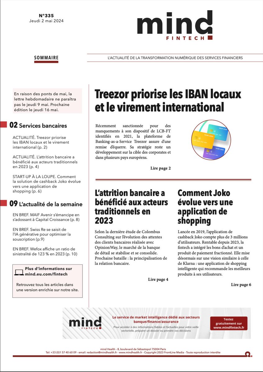 📯 [Hebdo n°335] Au sommaire de <a href="/mindfintech/">mind Fintech</a>  
👉 lnkd.in/eXf-fAgM

☑️ <a href="/TreezorBanking/">Treezor - Enable Creative Banking</a> priorise les IBAN locaux et le virement international
☑️ L’attrition bancaire a bénéficié aux acteurs traditionnels en 2023
☑️ Cashback : comment <a href="/jokoapp/">Joko</a> évolue vers une app de shopping