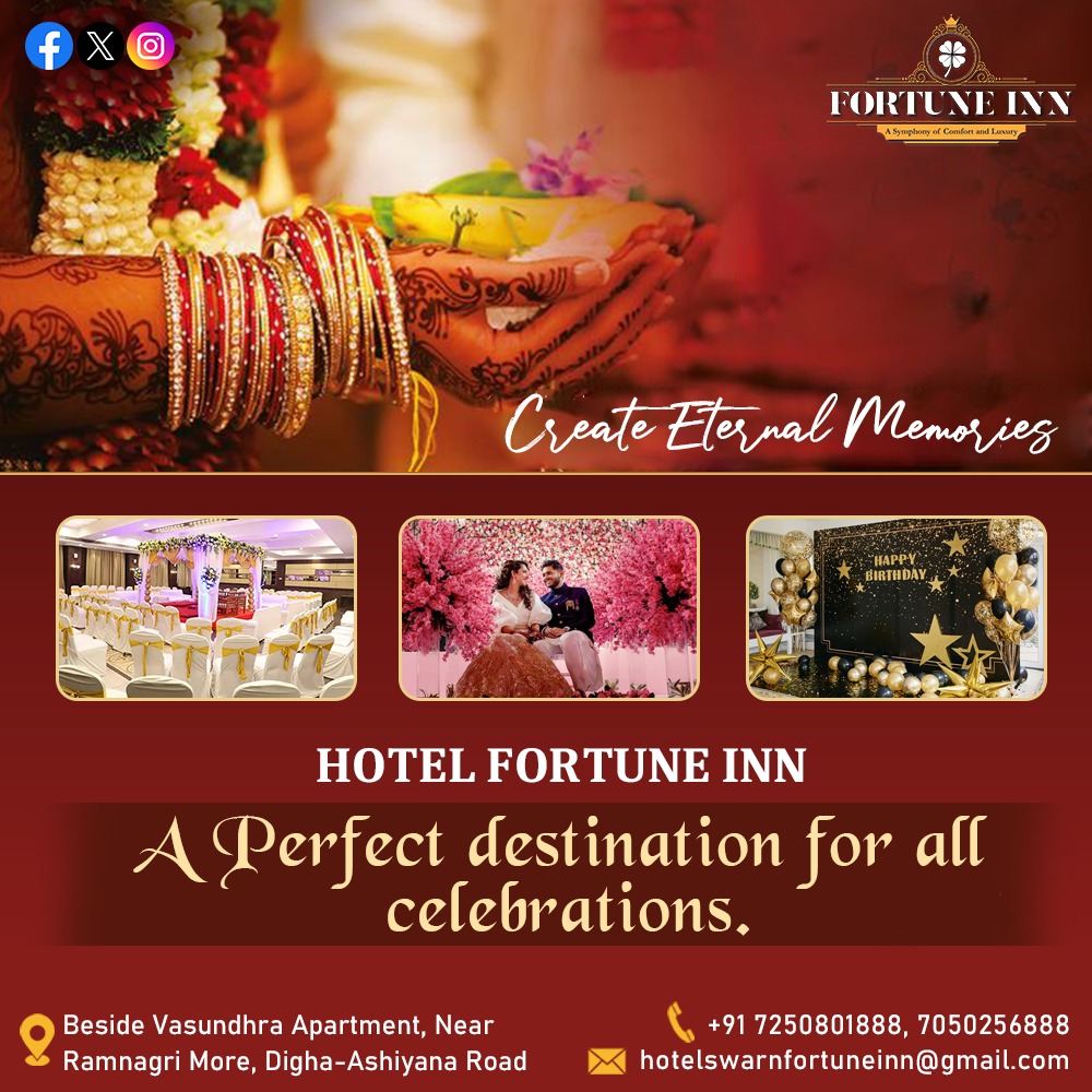 Turn fleeting moments into eternal memories at Hotel Fortune Inn.
#EternalMemories #PerfectDestination 

Call us at 7250801888, 7050256888

#HotelSwarnFortune #JoyfulCelebrations #CherishedMemories #Hotels #events #MemorableExperiences #weddings #banquethall #Digha #Patna #Bihar