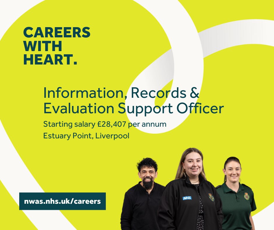 Job alert!🚑 Information, Records and Evaluation Support Officer Base: Estuary Point, Liverpool Starting salary: £28,407 For more information and to apply, please visit👉 bit.ly/3UHtBRe Closes: 20 May