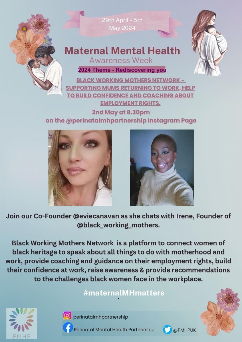 For #Maternalmentalhealthawarenessweek, join me as I chat with @BWM_Network about support when returning to work. Taking place on 3rd May at 8.30pm on our @PMHPUK Instagram Live #maternalmhmatters #maternalmentalhealth #perinatalmentalhealth #mmhaw