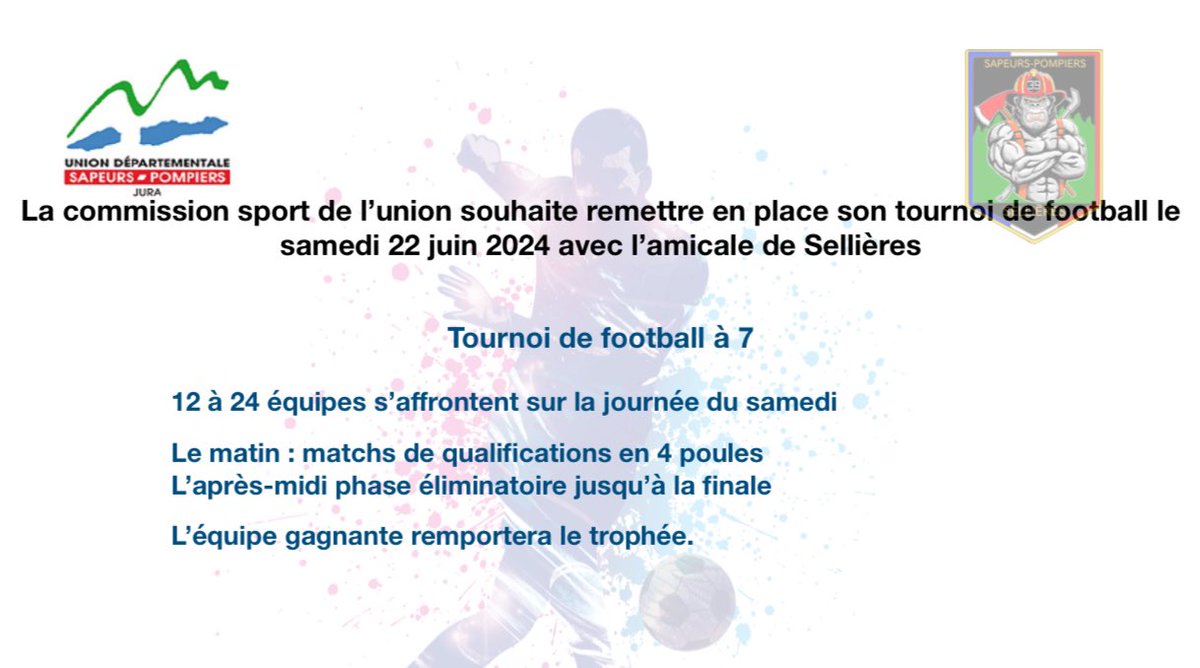 #Football 🚒⚽️| rendez-vous le 22 juin 2024 à Sellières ! Plus d’informations et inscriptions auprès de vos amicales. Merci d’avance aux organisateurs 🙏🏻 @CyrilFournier39 @SDIS39 @Rondot_Raphael @RICHARD_Sy25 @guyon_j @phuguenet @ClmentComte1 @PompiersFR @BEAUDOUX14 @Hugogrdt1