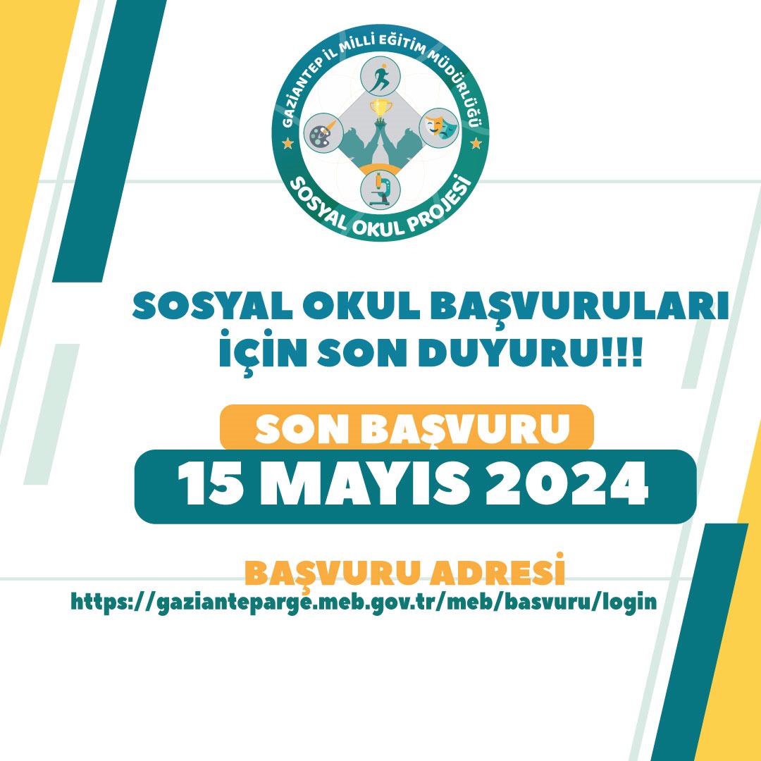 Çocuklarımızın sanat, spor ve kültür alanında faaliyetlerini destekleyerek sosyal gelişimlerine katkı sunma amacı ile hayata geçirdiğimiz Sosyal Okul Projemizin son başvuru tarihi 15 Mayıs 2024'tür.
<a href="/Gaziantep_MEM/">Gaziantep İl Millî Eğitim Müdürlüğü</a>
 <a href="/yasintepe/">Yasin TEPE</a>
<a href="/M_A_Tiryakioglu/">Mehmet Ali TİRYAKİOĞLU🇹🇷</a>