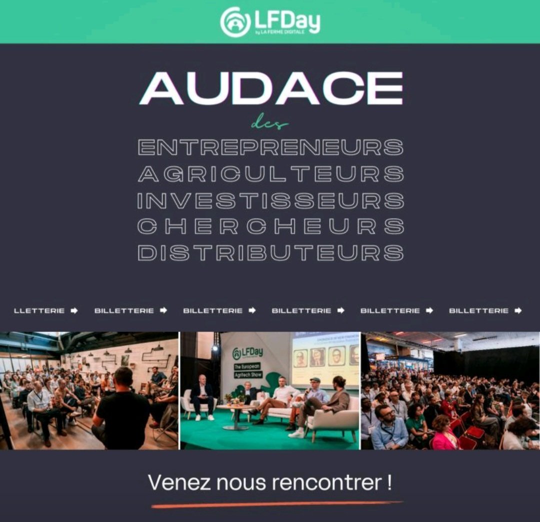 Mycophyto1's tweet image. Le #LFDay by @FermeDigitale
c' est le 21 mai à @Gro_ndControl
Venez profiter des retours d'expérience de nos exposants et speakers, partager des idées nouvelles, découvrir des approches singulières, bref, vous inspirer de leur AUDACE !
#agritech #lfday #audace