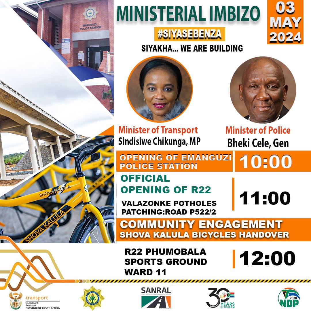 Transport Minister, Hon. Chikunga, alongside the Minister of @SAPoliceService, Hon. Bheki Cele are taking #OperationSiyakha to eManguzi. The event will include the opening of the Manguzi Police Station, repairing potholes, community engagement & handing out Shova Kalula Bicycles.