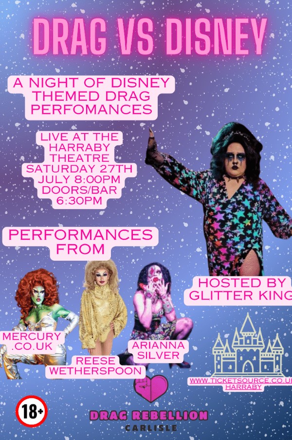 Do you love Disney? Then Drag Rebellion #Carlisle have a show for you, with #Drag Vs #Disney! Four talented #DragQueens from across the UK will be at @HarrabyT on Saturday 27 July to deliver spellbinding performances based upon Disney classics - tinyurl.com/yz7b9sup #Cumbria