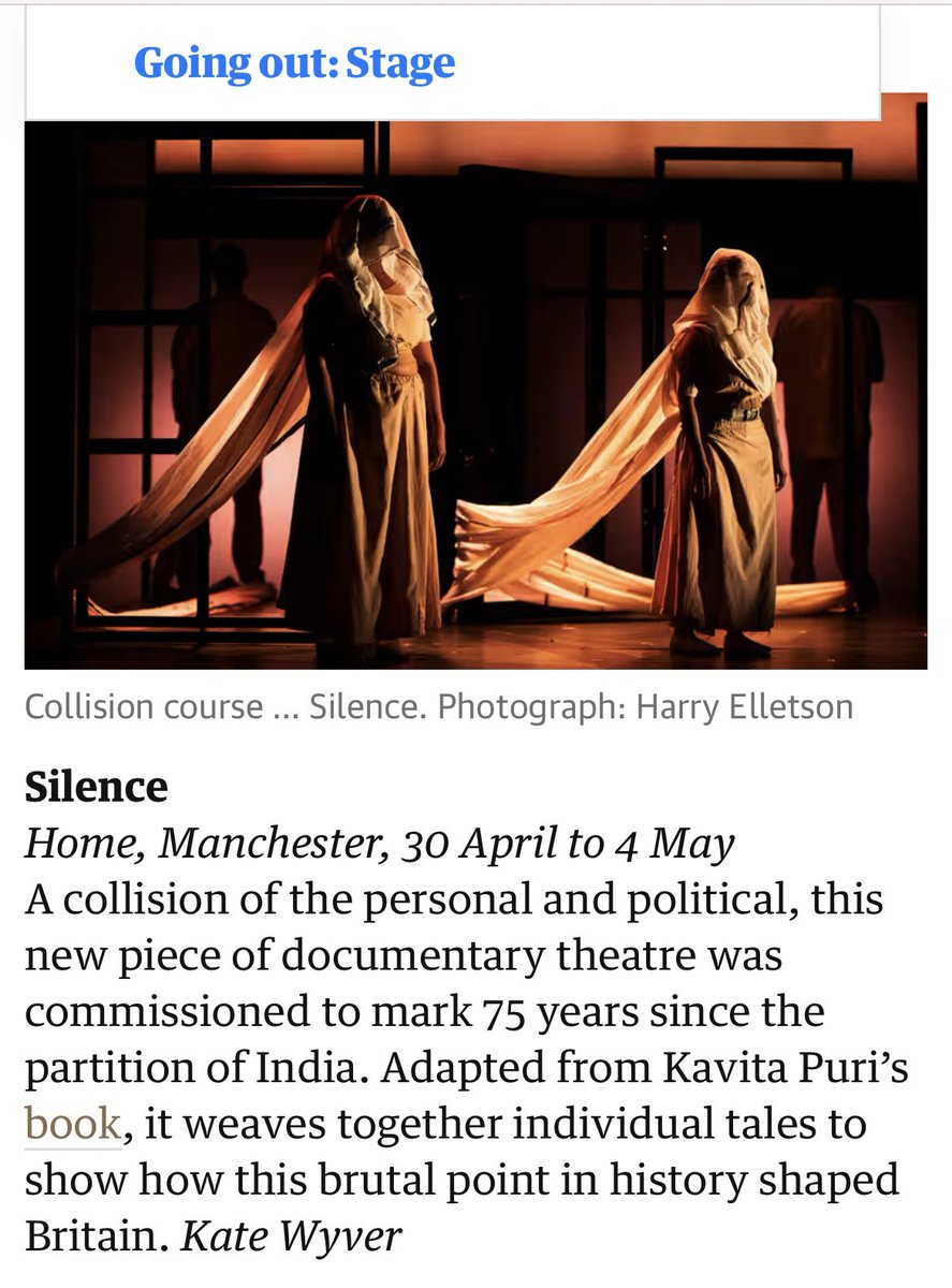 Last week to catch “Silence” on its national tour. A beautiful production by <a href="/IqqyKhan/">Iqbal Khan</a>. It’s theatre choice of the week <a href="/guardian/">The Guardian</a>. Now on @home_mcr in Manchester #partitionvoices
