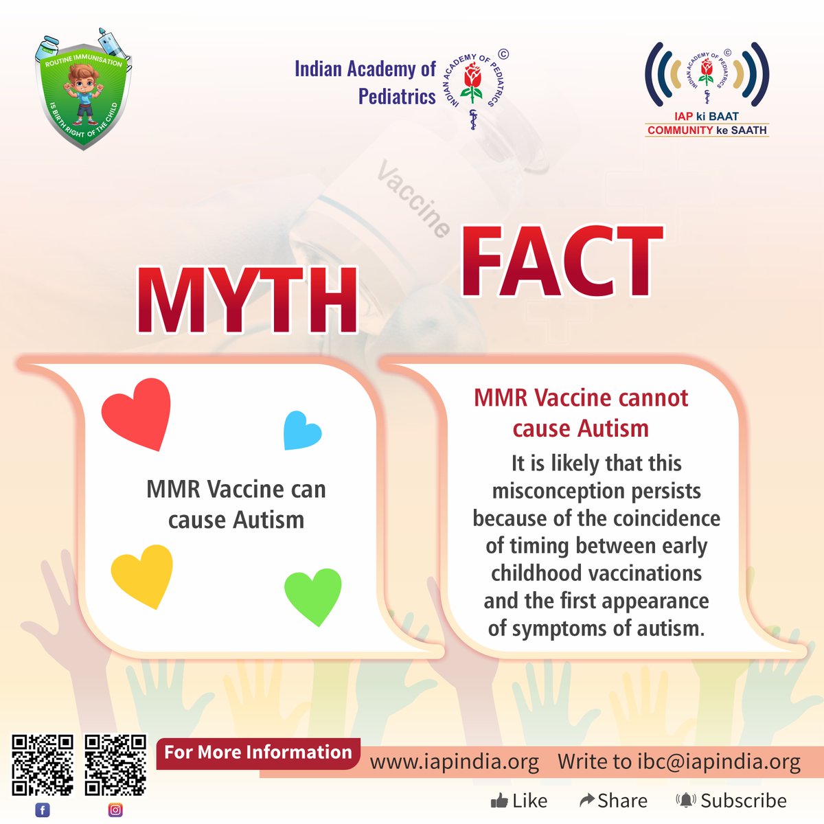 #FactsOverMyths ❤️ 𝐅𝐚𝐜𝐭: Extensive scientific research has shown that the 𝐌𝐌𝐑 #vaccine does NOT cause 𝐀𝐮𝐭𝐢𝐬𝐦. It's time to trust 𝐬𝐜𝐢𝐞𝐧𝐜𝐞 and protect our communities with 𝐯𝐚𝐜𝐜𝐢𝐧𝐚𝐭𝐢𝐨𝐧𝐬. 💉 #iap #indianacademyofpediatrics #pediatrics #childcare