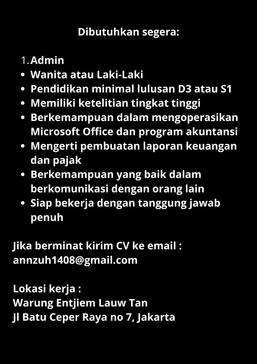 Yang butuh info loker boleh di coba ya guys, ada di daerah Jakpus nih Izin tag ya min @hrdbacot #loker #lokerjakarta #hrd #Loker #lokercot