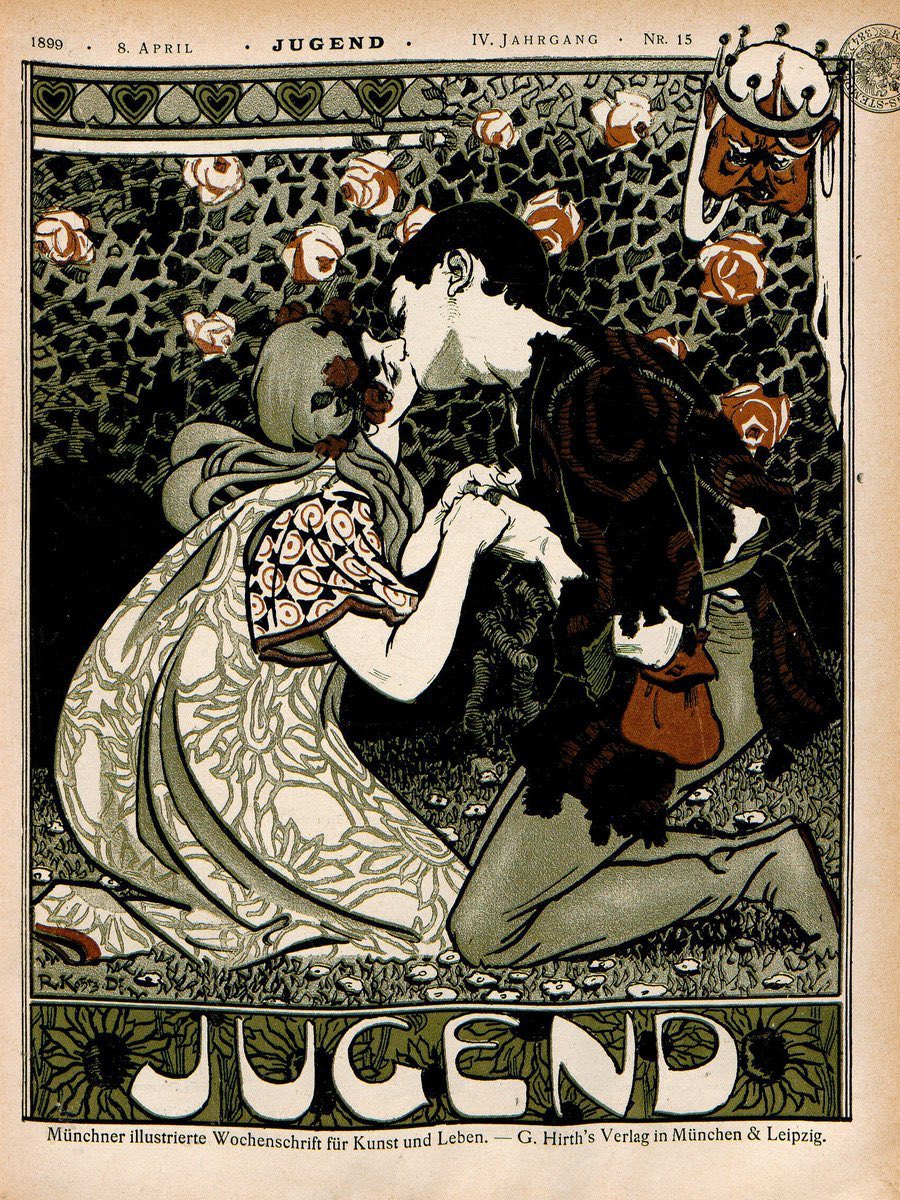 アンジェロ・ヤンク（ドイツ、1868〜1940）による、ドイツの芸術雑誌「JUGEND」の表紙絵（1889年4月号）。