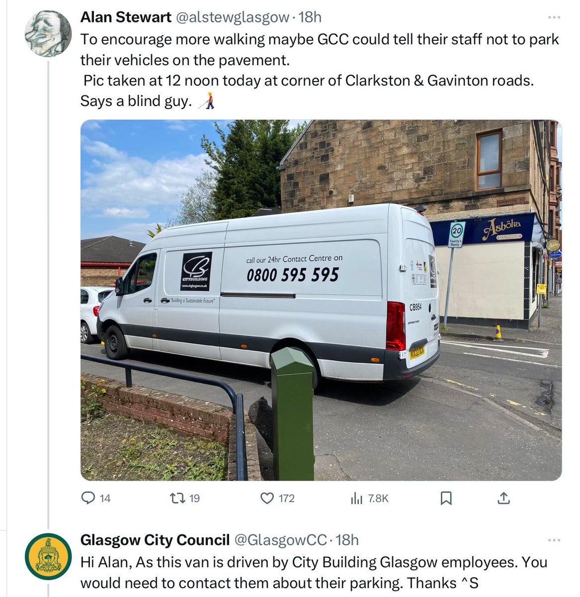 Councils around the country are moving to “single point of contact” so that #voters and #CouncilTax-payers are not pushed from pillar to post, the “#NotMyProblem” response.

The van carries your branding, @GlasgowCC. You are responsible for your contractors.

#PublicService #GCC