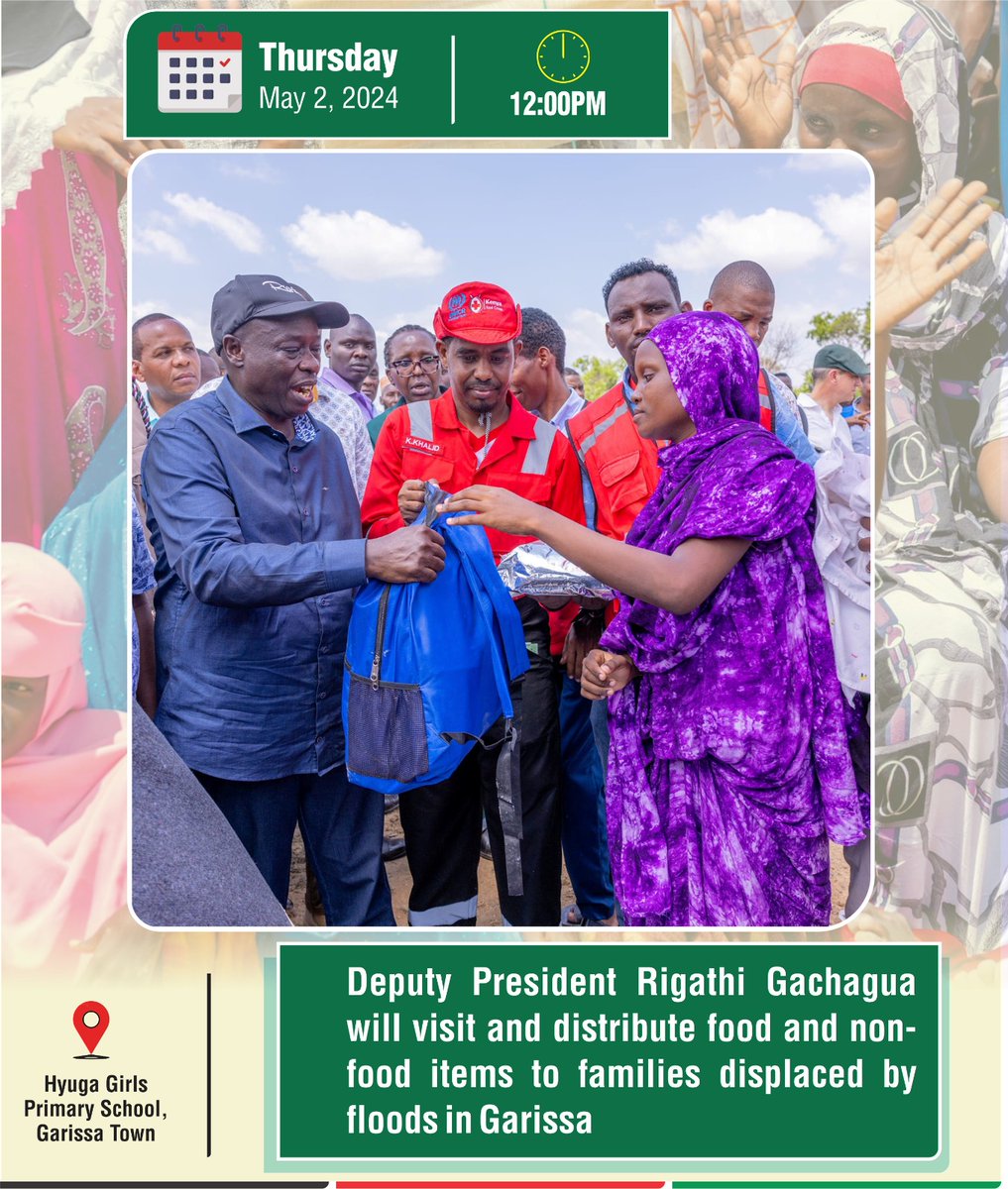 Deputy President Rigathi Gachagua is leading a nationwide response to floods as tasked by the President. He has been to Mathare, Nakuru (Maai Mahiu), Murang’a and today, Garissa to comfort those affected on top of assessing and consolidating response.