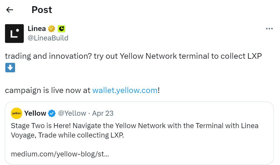 New #airdrop: Linea & Yellow (1000 winners) Reward: $15,000 in Lube News: Linea, TokenFi Distribution date: After listing 🔗Airdrop Link: twitter.com/Yellow/status/… Note: The 1,000 winners with the most points will share $15,000 in Lube tokens Details: yellow-net.notion.site/Guide-for-usin…
