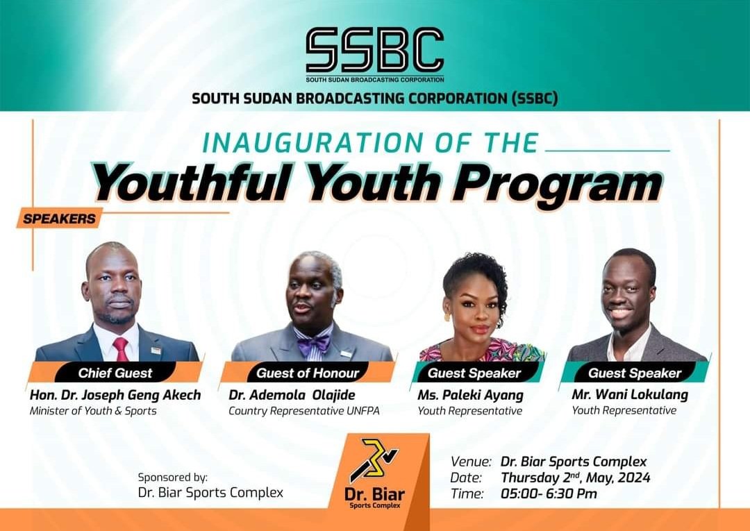 💥 🗣 South Sudan Broadcasting Corporation will Launch the Youthful Youth Program at Dr Biar Sports Complex @UNFPA 🇸🇸 Rep. @OlajideDemola, the Guest Speaker together with the Chief Guest Hon. Dr Geng Joseph Akech @GengJoseph, Minister of Youth & Sports and other Youth Speakers.