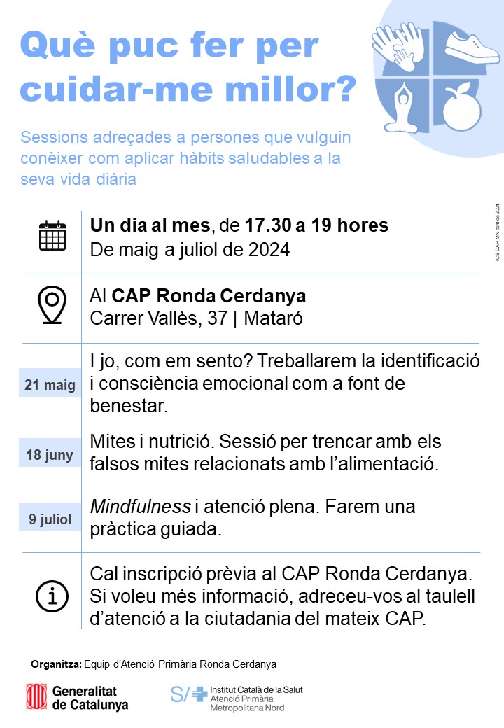 📚 𝗤𝘂𝗲̀ 𝗽𝘂𝗰 𝗳𝗲𝗿 𝗽𝗲𝗿 𝗰𝘂𝗶𝗱𝗮𝗿-𝗺𝗲 𝗺𝗶𝗹𝗹𝗼𝗿? 🍎 Sessions organitzades pel #CAPRondaCerdanya #Mataró 🗓️ 21 de maig  👉 Identificació i consciència emocional 🕕 17:30 a 19h 📍 #CAPRondaCerdanya @matarocat  ✏️ Cal inscriure-s'hi