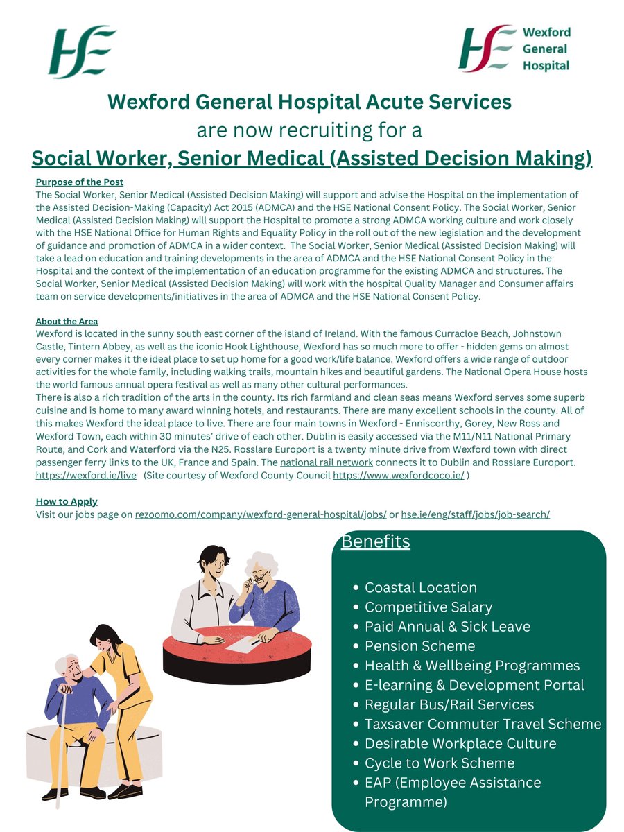Job opportunity! <a href="/WexGenHosp/">Wexford General Hospital</a> as part of @IEHospitalGroup is currently recruiting for the posts of Senior Medical Social Worker (Assisted Decision Making).

Closing Date: Wednesday 15th May @ 3:00 p.m.

For more information and how to apply, go to: rezoomo.com/job/64891/