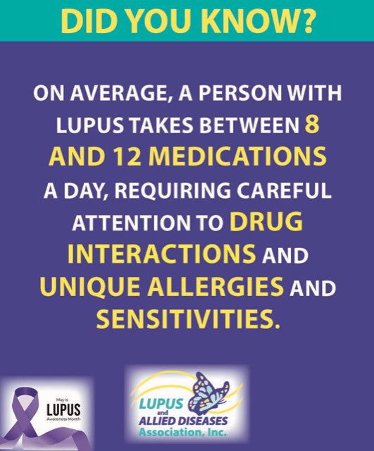 On average, a person with #Lupus takes between 8 and 12 medications a day, requiring careful attention to drug interactions and unique allergies and sensitivities. Some of us even take 30+ drugs daily which is a difficult regimen to follow. #LupusAwarenessMonth #LupusAwareness