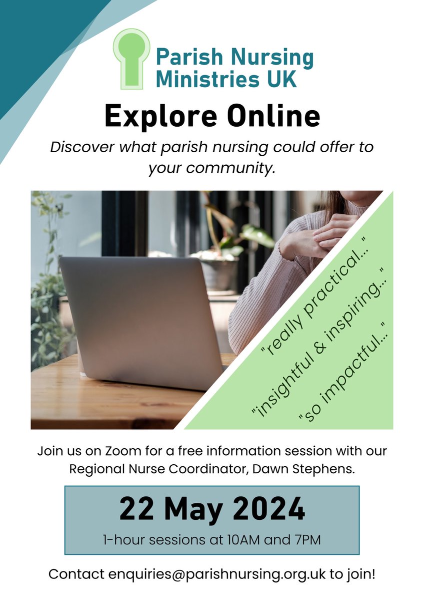 It’s May and we are looking forward to welcoming you to #ExploreOnline on 22nd. This is a fabulous opportunity to find out more about parish nursing in a free online hour hosted by experienced former parish nurse & Queen’s Nurse Dawn. Details ⬇️ We look forward to meeting you 😁