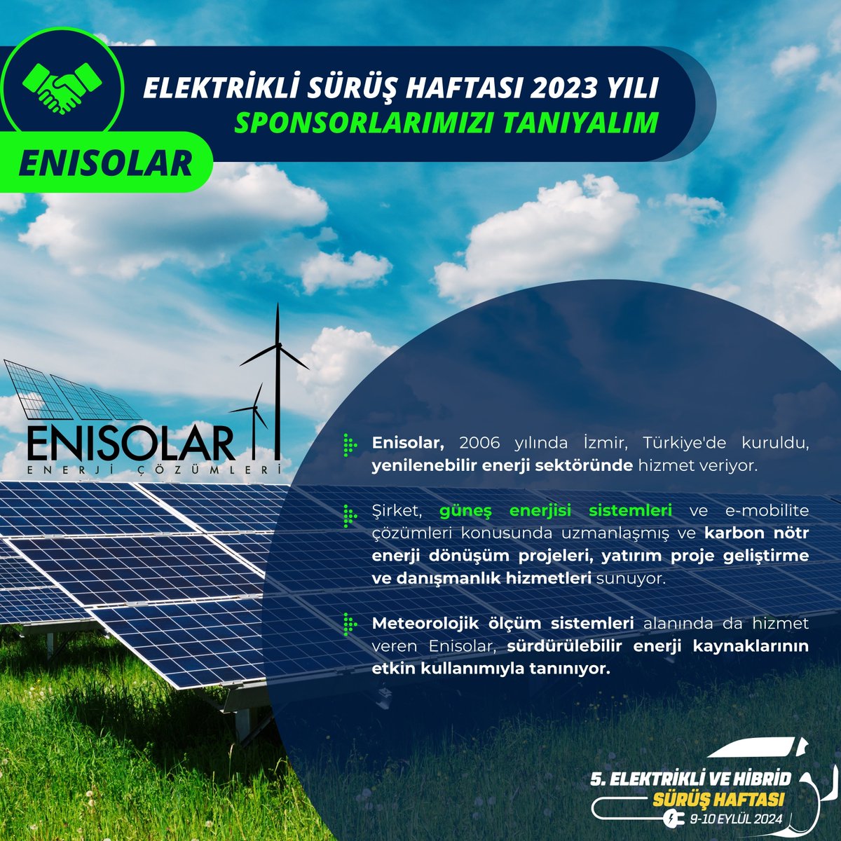 ⚡Enisolar, güneş enerjisi sistemleri ve e-mobilite çözümleri konusunda uzmanlaşmış ve karbon nötr enerji dönüşüm projeleri, yatırım proje geliştirme ve danışmanlık hizmetleri sunuyor. @ehcars #elektriklisürüşhaftası #elektrikliaraba #electriccars #hybrid @enisolar
