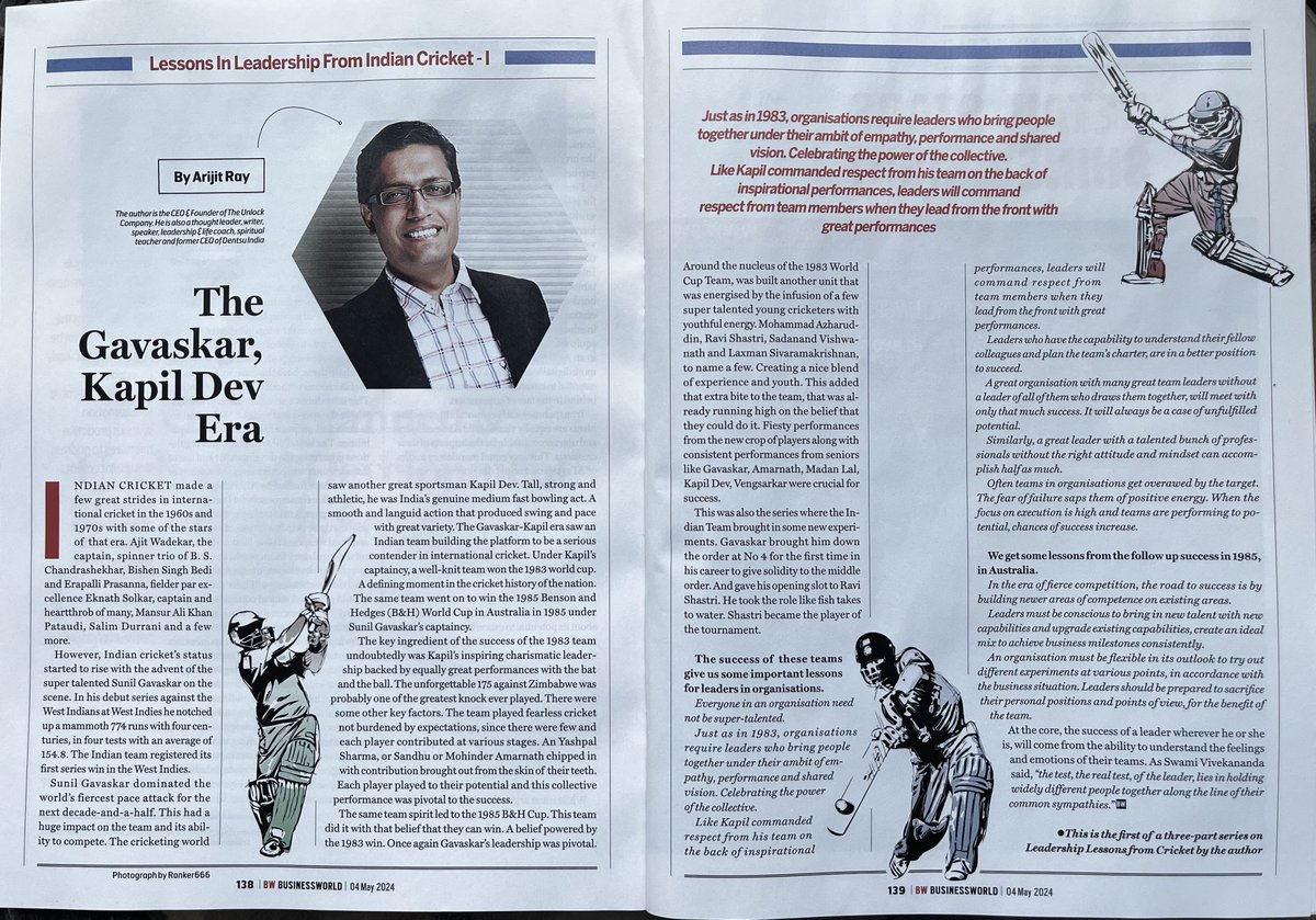 Authored a perspective on d evolution of #IndianCricketTeam.  #captains their impact, #leadershiplessons for #corporateworld. A series of 3 articles in the @BWBusinessworld. tks @anuragbatrayo 
the first one in the latest issue traces d @SunilGa21679761  & @therealkapildev era.