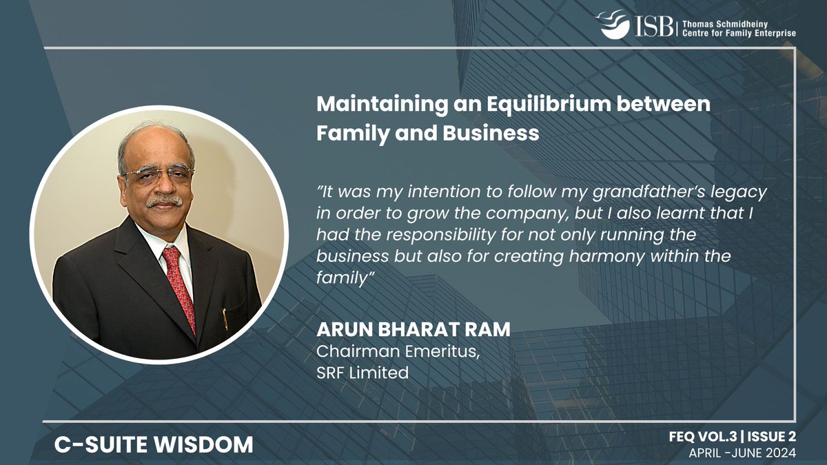 Arun Bharat Ram, Chairman Emeritus of @srflimited, shares his experience in the 'C-Suite Wisdom' section of our Family Enterprise Quarterly magazine. For more information on his perspectives, please refer to the following link: tinyurl.com/4fd7dkhz
#ThS_CFE #familybusiness