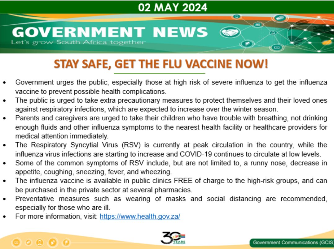 Government urges the public, especially those at high risk of severe influenza to get the influenza vaccine to prevent possible health complications. @HealthZA @GovernmentZA