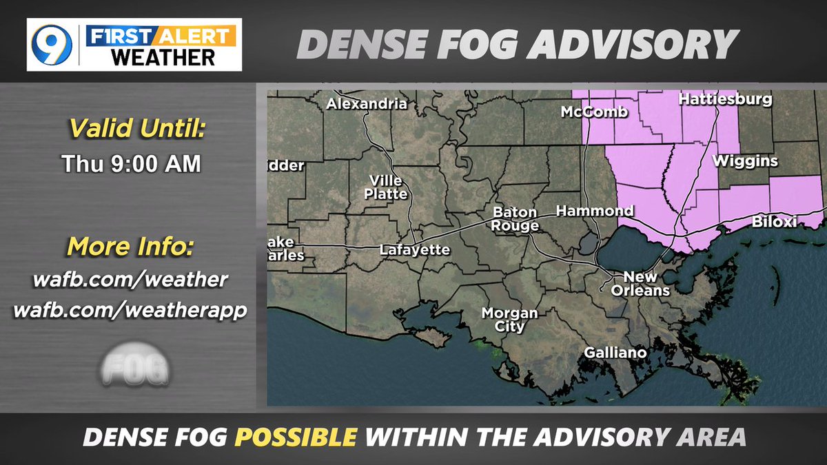 A DENSE FOG ADVISORY has been issued for the areas in pink. More >> wafb.com/weather?utm_me… #LAwx