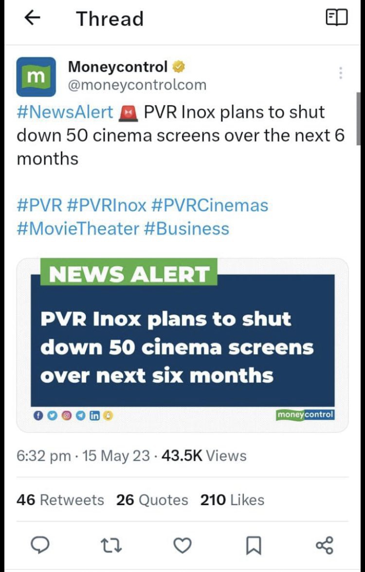 PVR Inox plans to shut down 50 cinema screens over the next 6 months -said in 2023🔥

Some credit goes 2 - 'Koi hath pakad k aapko Film dekhne nhi le ja rha,, nhi dekhni h to mat dekho' 😝😂🤣