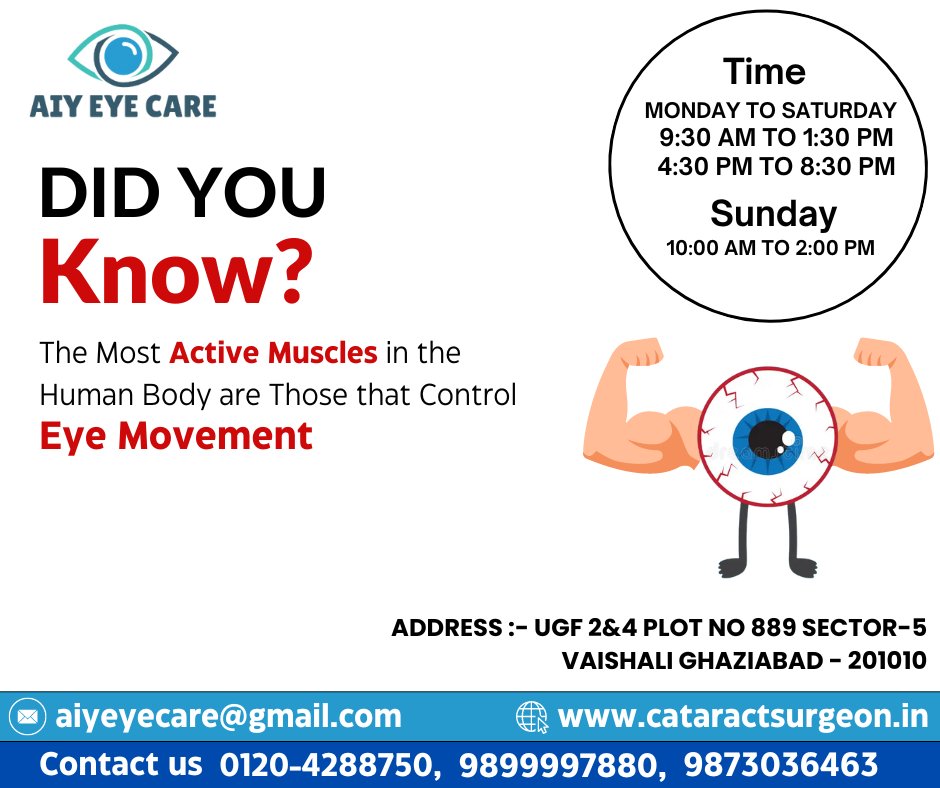 Did you know? The most active muscle in the human body are those that control Eye Movement.
.
.
.
Call/9899997880 | 9873036463
Website :- cataractsurgeon.in
.
.
.
#aiyeyecare #eyecare #eye #care #eyecare #eyesurgeon #surgeon #eyedoctor #careservices