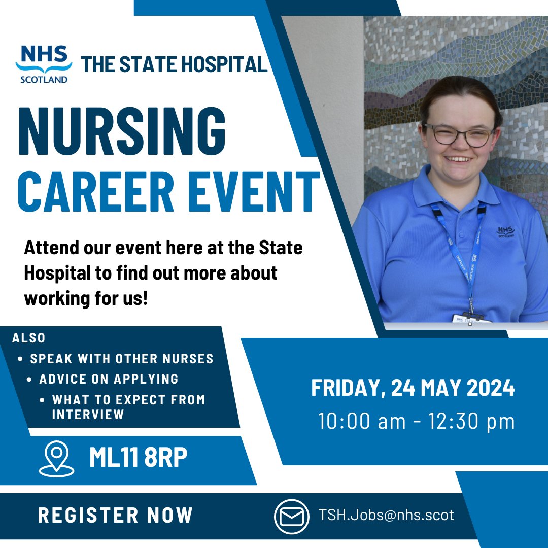 The State Hospital (@thestatehospit1) on Twitter photo #Nursing #careerevent Students, recent graduates and experienced nurses are welcome to join us for a morning full of insightful talks, networking opportunities, and a chance to explore career paths within the NHS State Hospital. Email tsh.jobs@nhs.scot to book your place! #Nursing #careerevent Students, recent graduates and experienced nurses are welcome to join us for a morning full of insightful talks, networking opportunities, and a chance to explore career paths within the NHS State Hospital. Email tsh.jobs@nhs.scot to book your place!