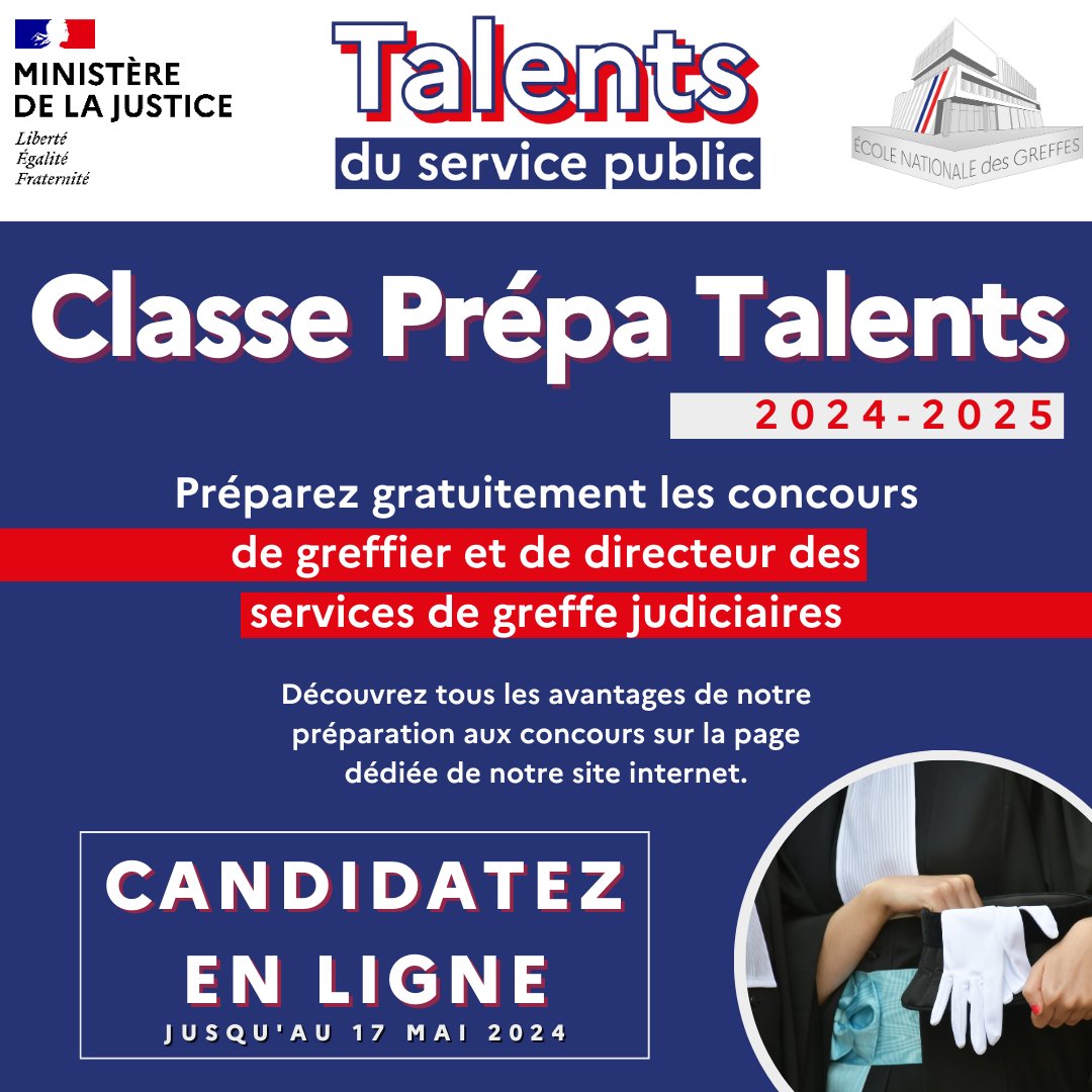 🚨 Les candidatures pour la Classe prépa talents de l'ENG sont ouvertes jusqu'au 17 mai 2024. Toutes les informations sont disponibles ici : eng.justice.fr/classe-prepa-t… #greffier #DSGJ #prépa #concours #Justice @justice_gouv