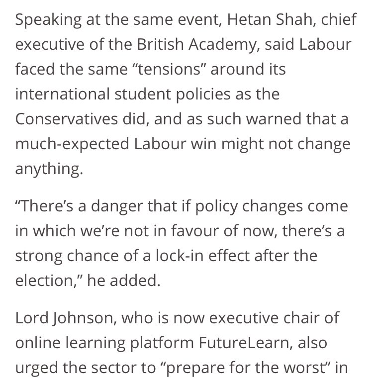 ‘Prepare for the worst.’ Coverage in @timeshighered of remarks from @JoJohnsonUK and me that a future government might feel locked in by any changes made before the election to the graduate visa route timeshighereducation.com/news/labour-sn…