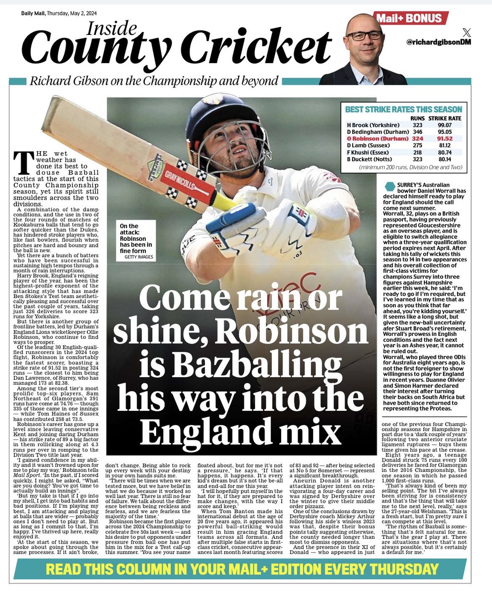 This week’s Mail+ column on the County Championship batters not hanging around between the showers - Durham’s Ollie Robinson the closest to Harry Brook #countycricket