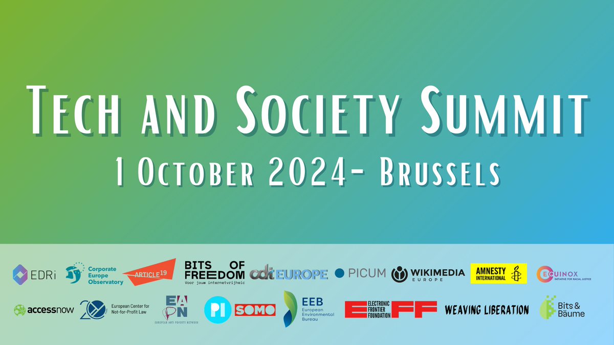 1/2 🗓️Mark your calendars! @edri & other civil society partners are co-hosting the 'Tech and Society Summit' on 1 October 2024 in Brussels! #EUTechSociety On the agenda: Tech's impact on the democracy✊🏾, society🌍, and environment🌱 More details here➡️edri.org/take-action/ev…