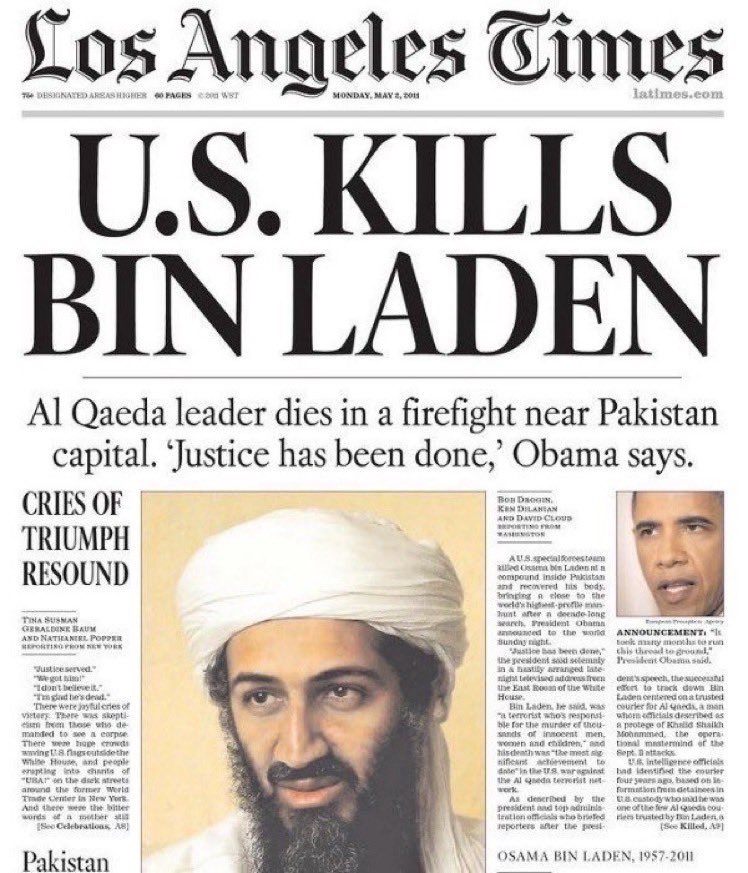 2 May 2011. Osama bin Laden (aged 54), the self-proclaimed mastermind of the 9/11 attacks on the USA, was shot dead in his home in Pakistan by United States Navy SEALs of the Naval Special Warfare Development Group. The operation was code-named Operation Neptune Spear.