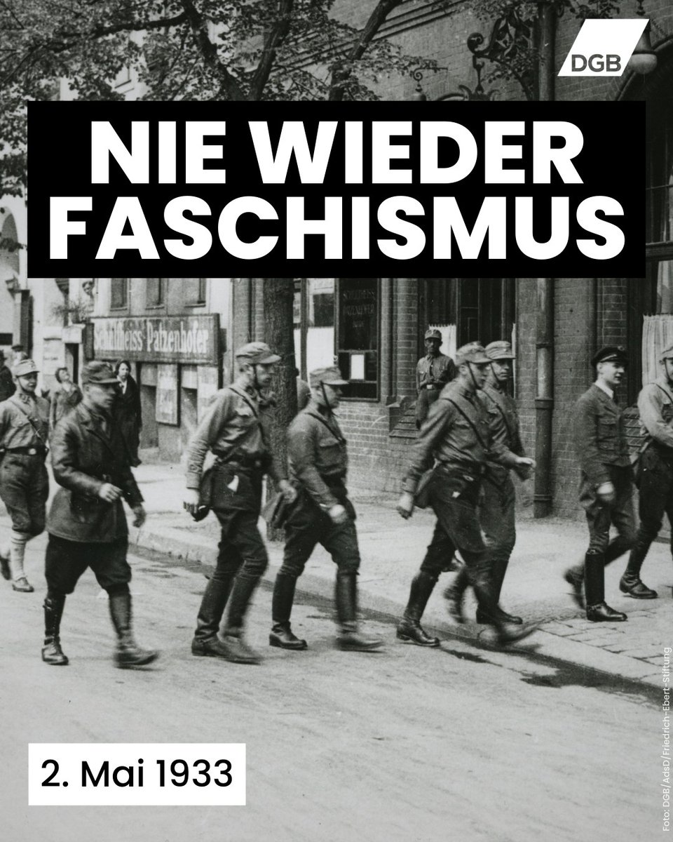 Am 2. Mai 1933 stürmten die Nazis in ganz Deutschland die Gewerkschaftshäuser. Für viele Gewerkschaftsmitglieder war dies der Beginn jahrelanger Verfolgung und Unterdrückung. Deshalb gilt: Niemals vergessen, niemals wegschauen. Wir müssen unsere Demokratie verteidigen!