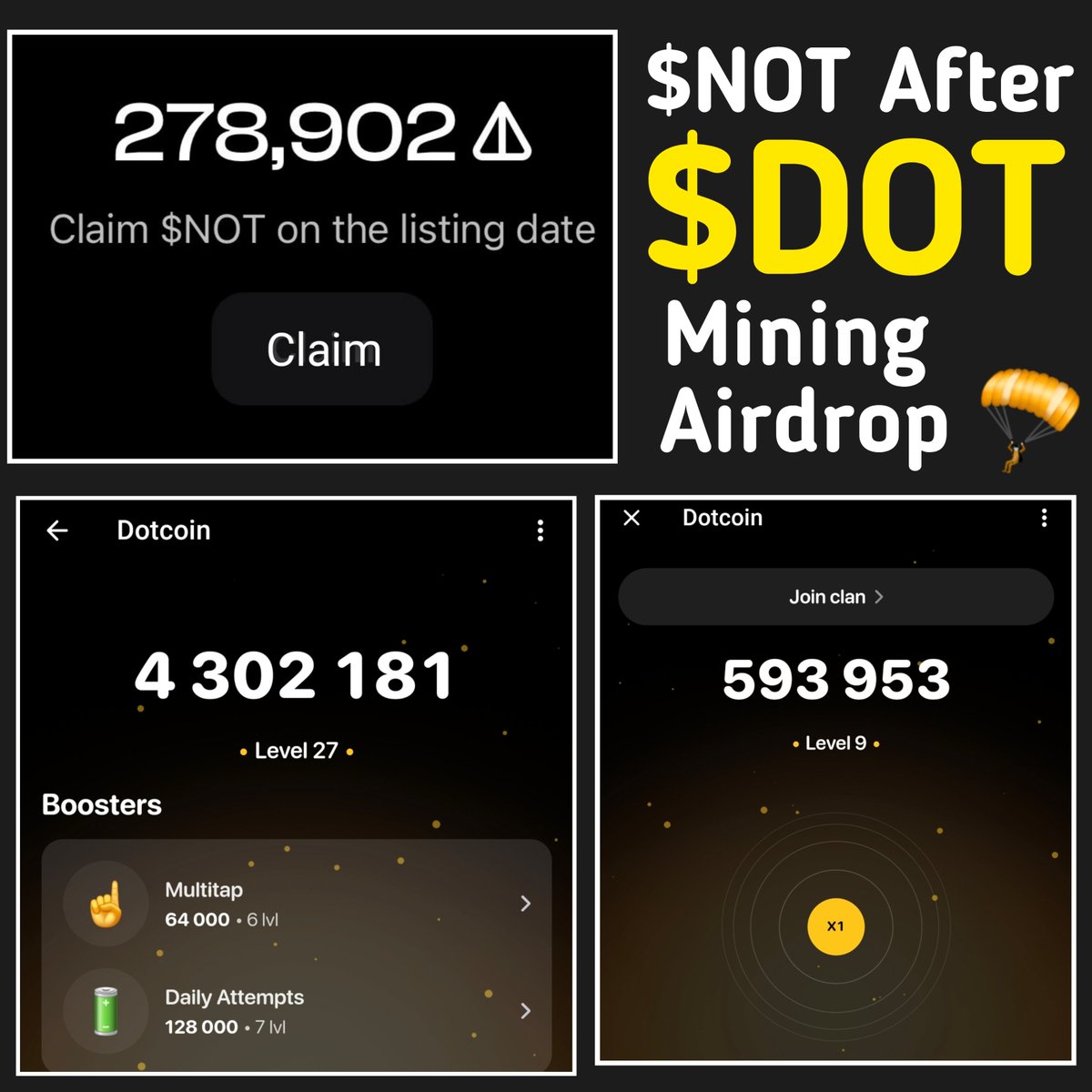 Congratulations 🎉 $DOT mining started on not coin, you can trust $DOT 100% as it can also be a project of $TON and $NOT 🪂 🪂 $DOT Mining ⛏️ 👇 t.me/dotcoin_bot?st…