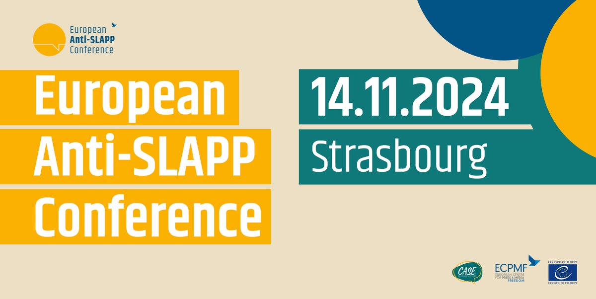 The Anti-SLAPP Directive is now in place. What's next?

Save the date and join @CASECoalition, ECPMF, and @coe on November 14 for the Second European Anti-SLAPP Conference in Strasbourg! Keep an eye on our website to get a spot at the next #AntiSLAPPCon: anti-slapp-con.ecpmf.eu