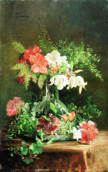 Konstantin Makovsky 'Still Life', 1860, oil on canvas, flower still life, realism.