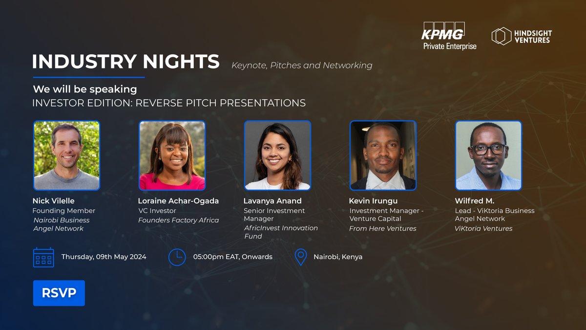 🌟 One Week Countdown! 🚀 Join us for the upcoming Industry Nights - Investor Edition, we're thrilled to announce our stellar lineup of speakers from leading investment firms in Africa. Date: 9th May Location : Nairobi, KE RSVP link: - forms.gle/W9AVn3dUGHXjtx…