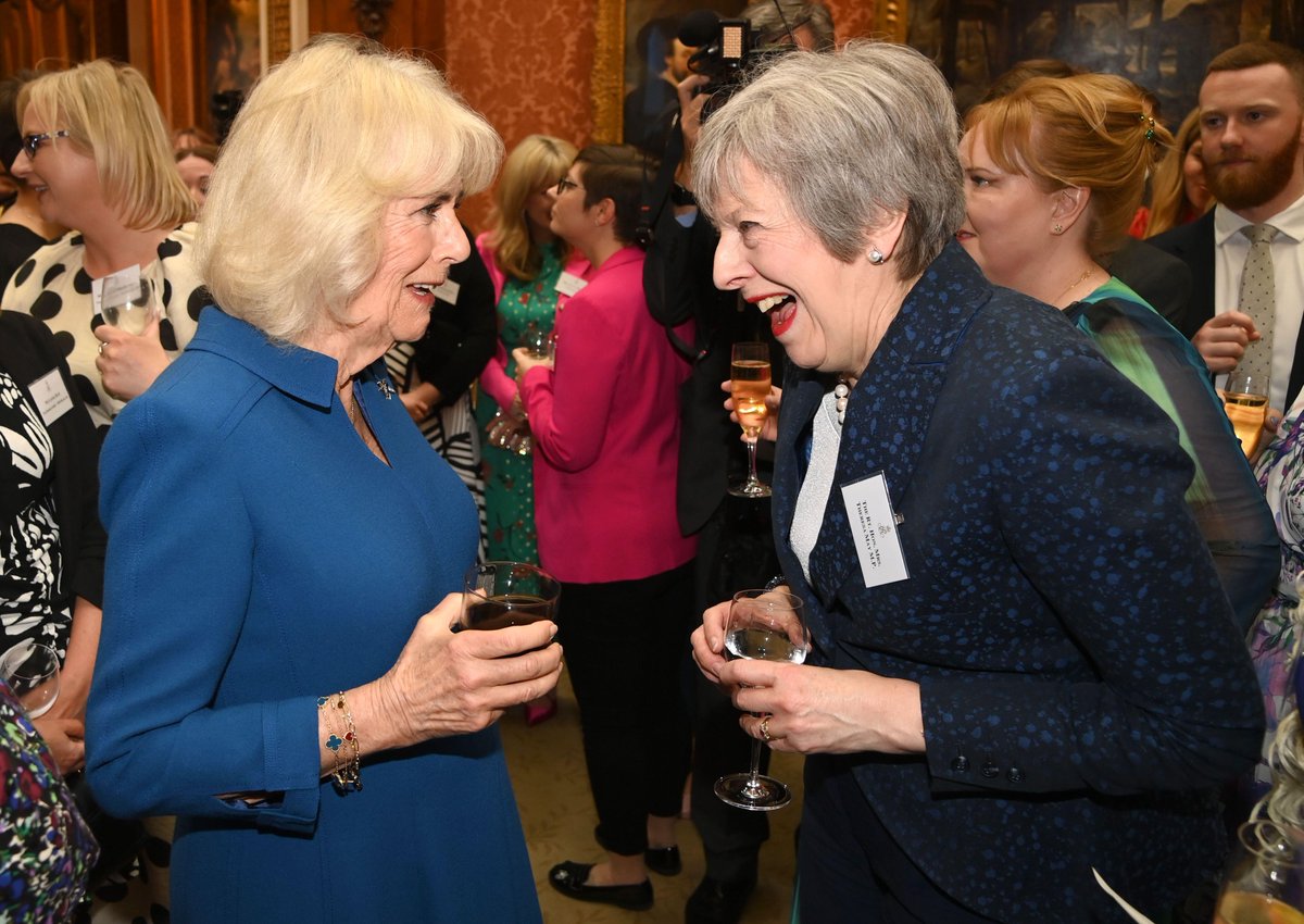 Queen Camilla speaks with former prime minister Theresa May as she hosts a reception to mark the relaunch of the Wash Bags project, at Buckingham Palace, central London. 

Image ID: 2X49EA7 / Eamonn M. McCormack / PA Wire

#queencamilla