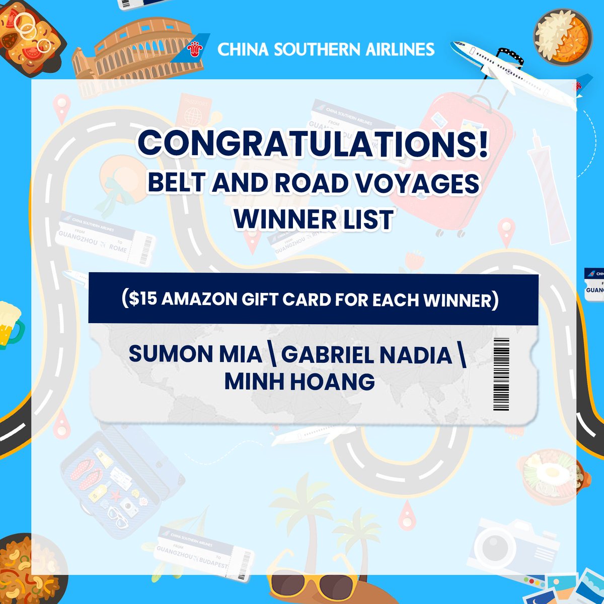 🎉 Congratulations to all the winners in the event #BeltandRoadVoyages! Please send a confirmation email to gsme@csair.com with the screenshot of your winning comment and your Sky Pearl Club number to claim your reward! #CSAir #FlyWithCSAir